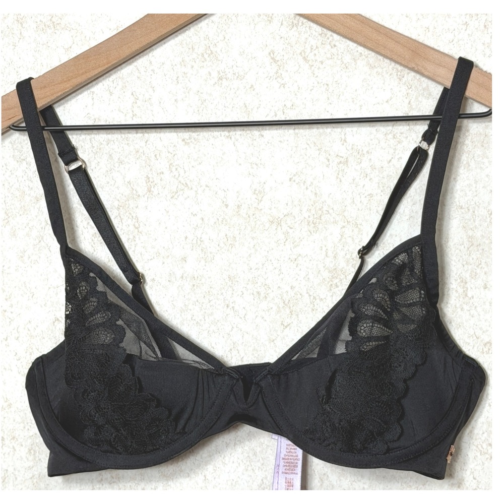 Savage X Fenty Black Lace Inset Demi Bra 36C‎ Sexy Adjustable Straps Lingerie